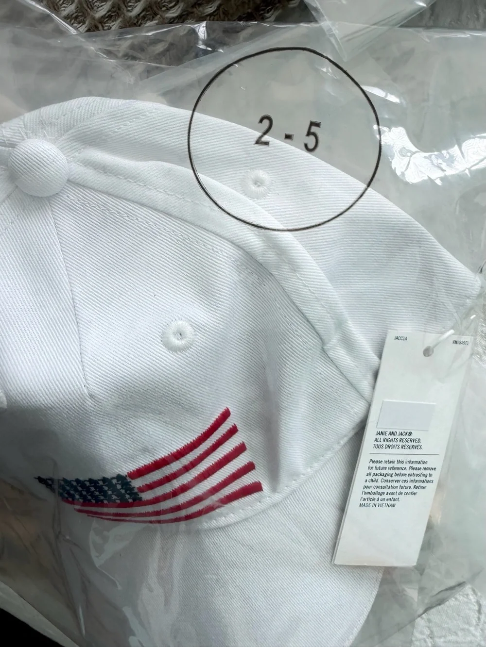 Jamie and Jack kids white baseball cap with flag size 2 to 5 years NWT